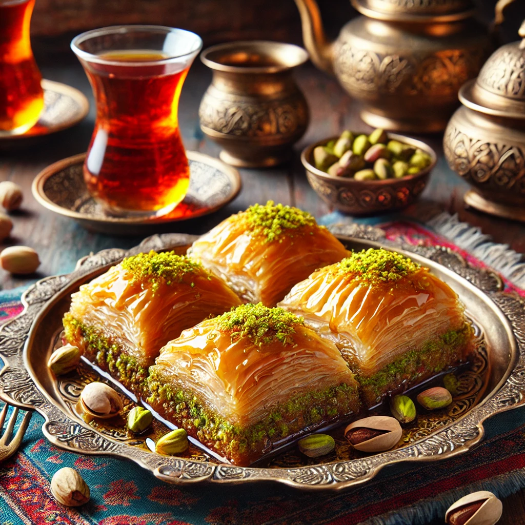 Baklava turecka z warstwami ciasta filo, pistacjami i syropem