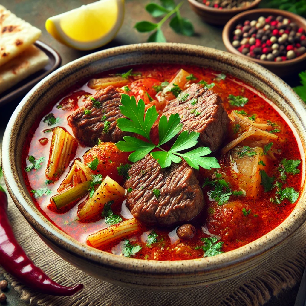 Zupa kebab w czerwonym bulionie z mięsem, warzywami, jogurtem i świeżymi ziołami, podana z chlebem i cytryną